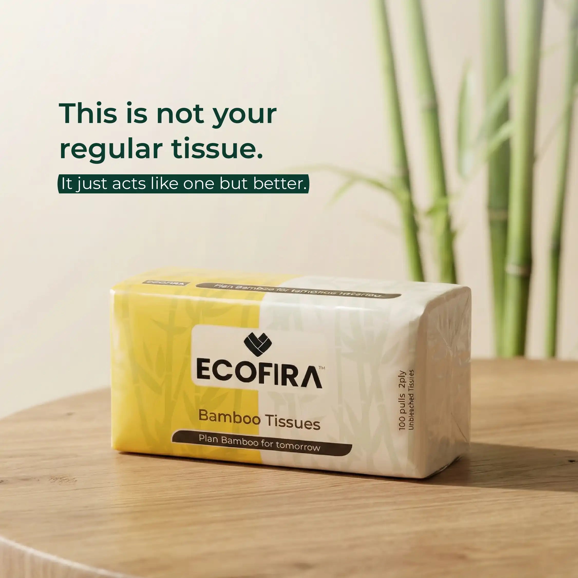 Box of Ecofira bamboo tissues on a wooden surface with a light background