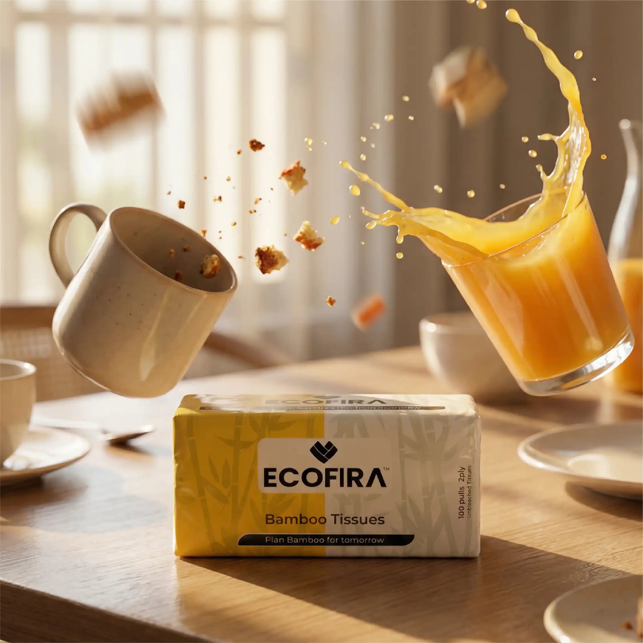 Box of Ecofira bamboo tissues on a table with a glass of orange juice and a mug.