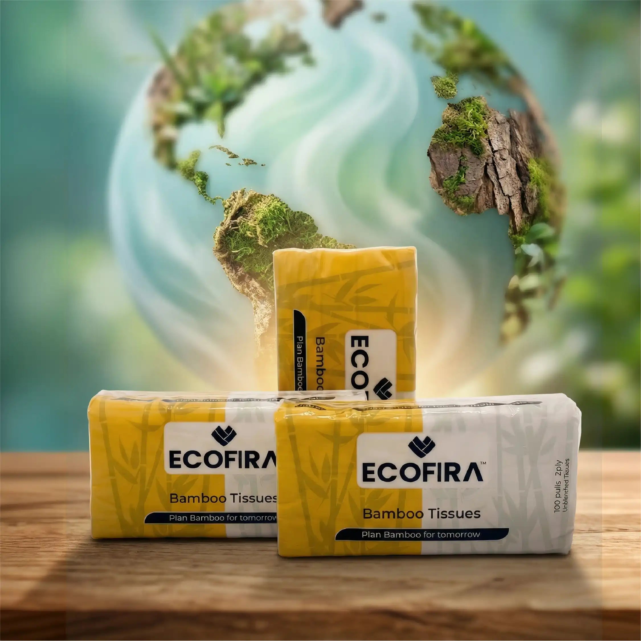 Two packages of Ecofira bamboo tissues on a wooden surface with a blurred natural background.