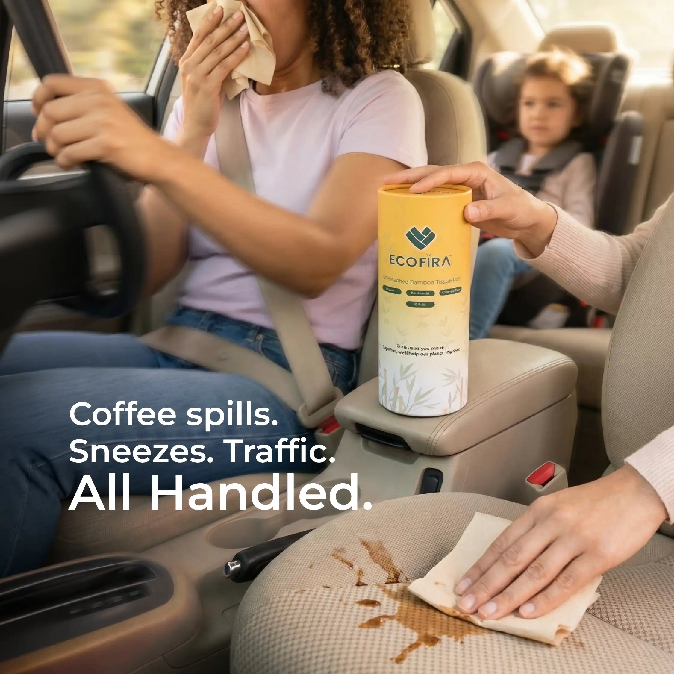 Person cleaning up a spill in a car with EcoFira products.