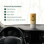 ECOFIRA bamboo product on a car dashboard with text about bamboo benefits.