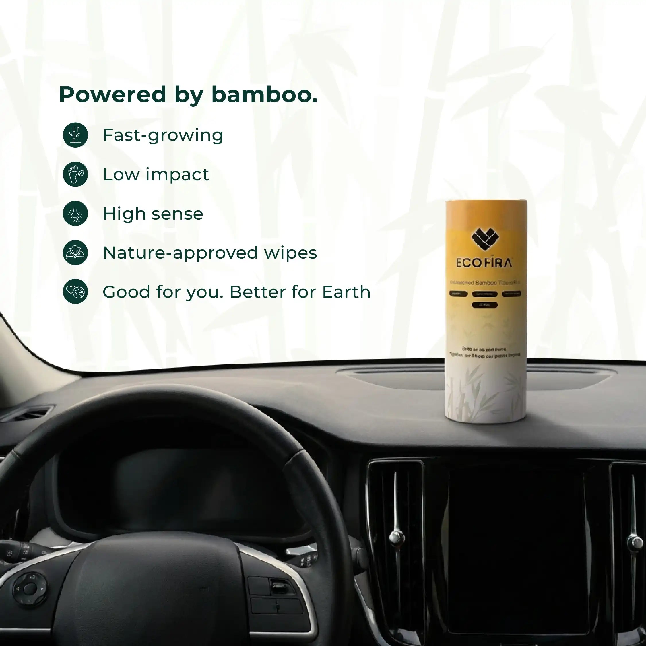 ECOFIRA bamboo product on a car dashboard with text about bamboo benefits.