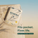 Two packs of Ecofira bamboo pocket tissues in a pocket with a gradient background.