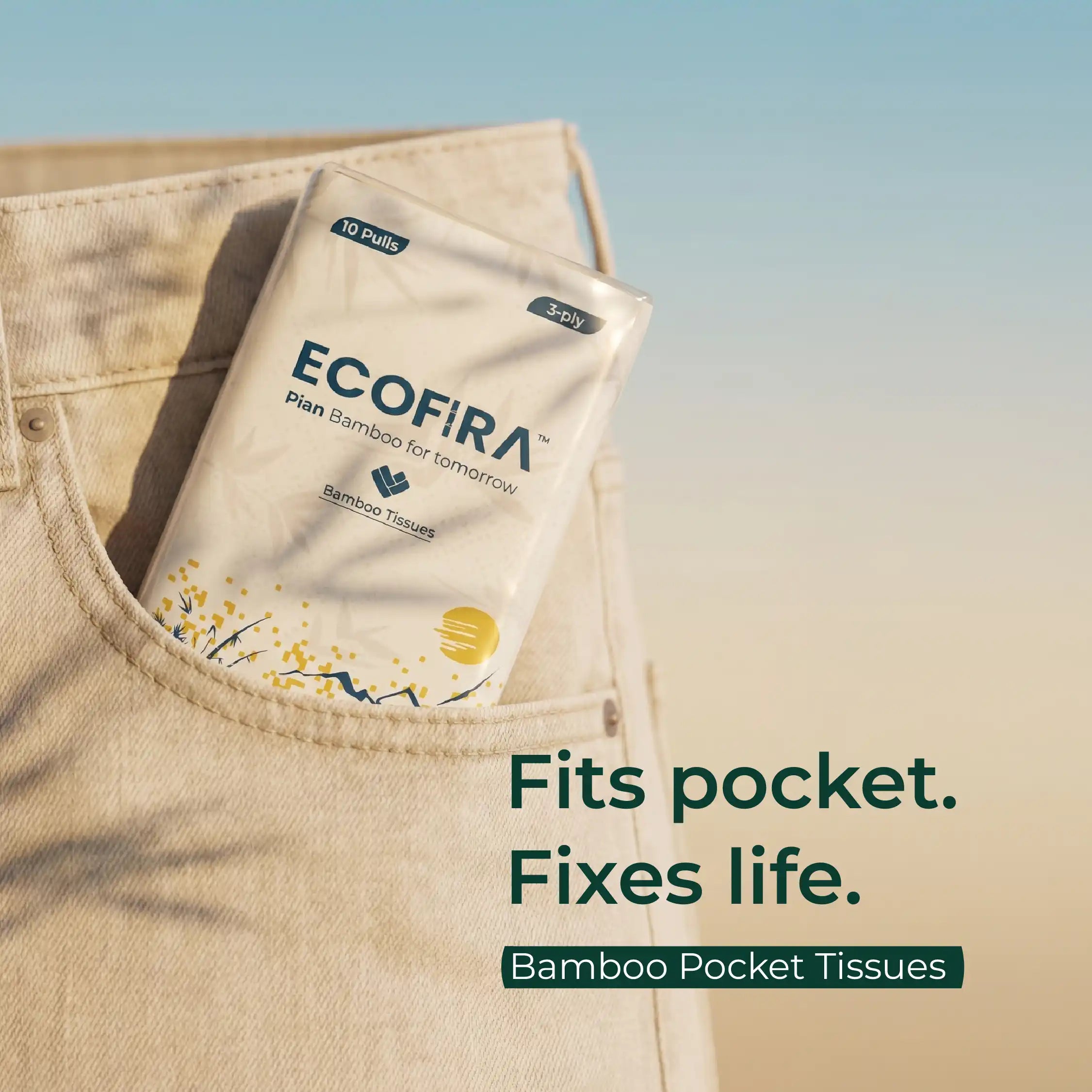 Two packs of Ecofira bamboo pocket tissues in a pocket with a gradient background.
