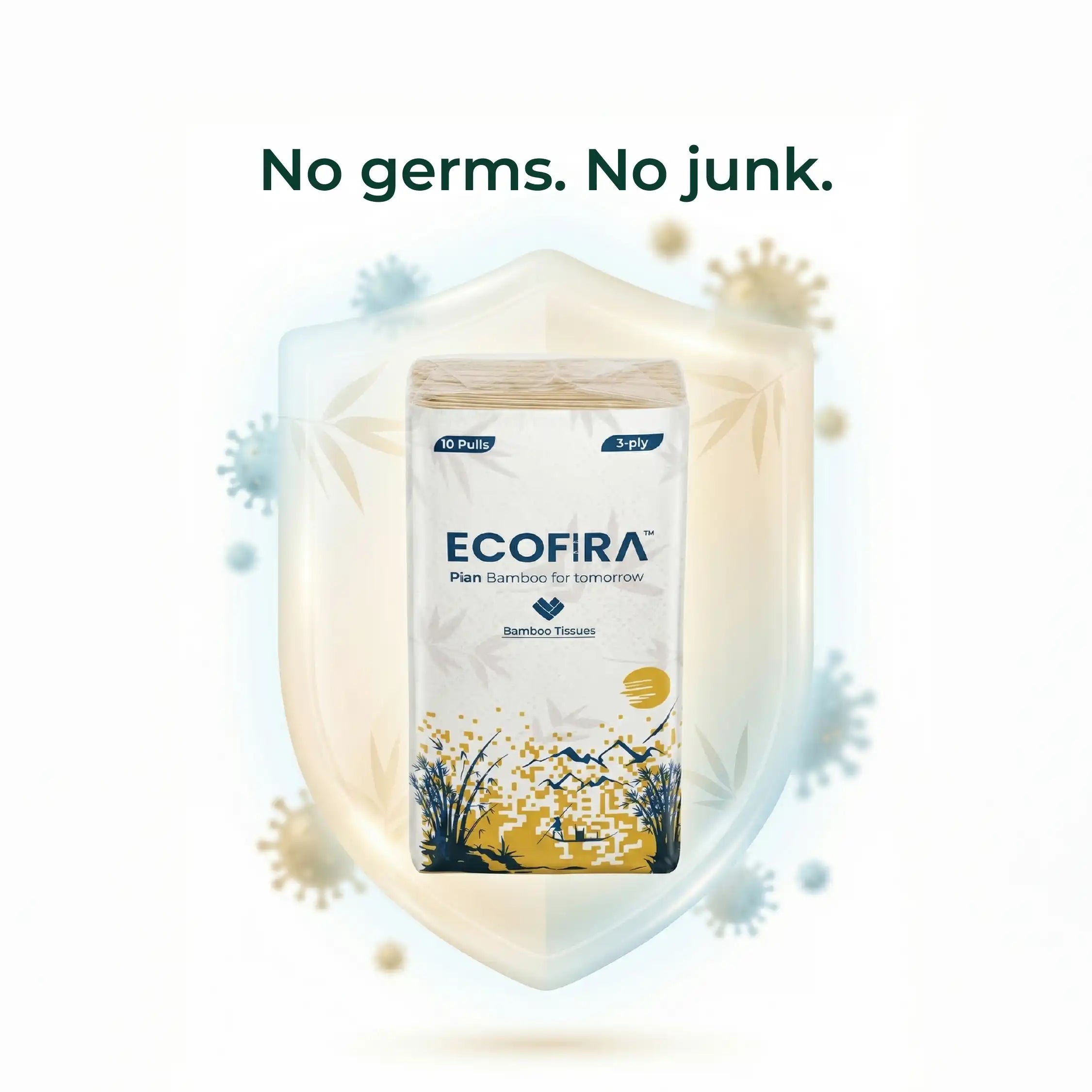 Ecofira bamboo towel packaging with germ illustrations on a white background