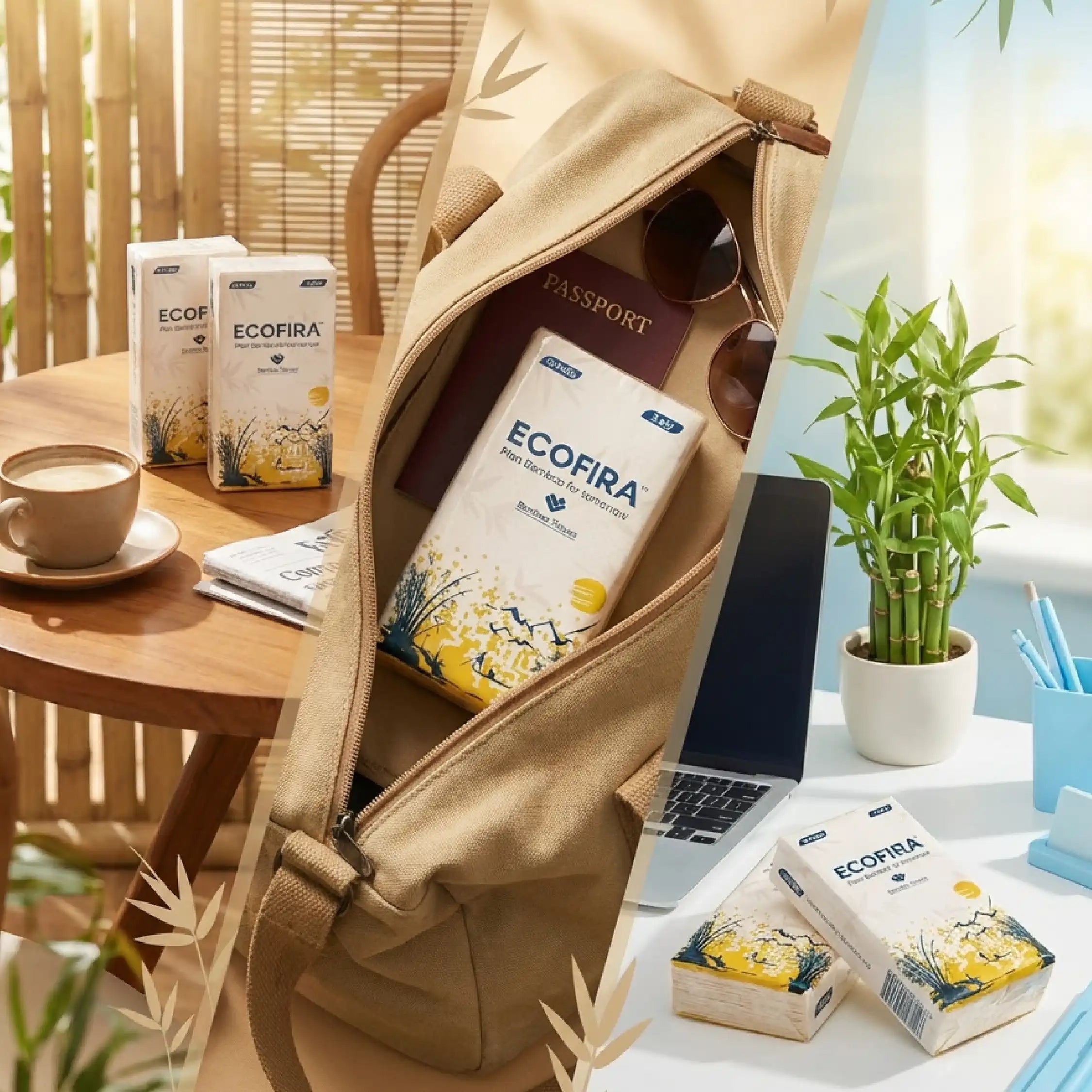 Open beige bag with ECOFIRA products on a desk with a laptop and coffee.