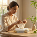 Woman using bamboo baby wipes in a bright room with plants