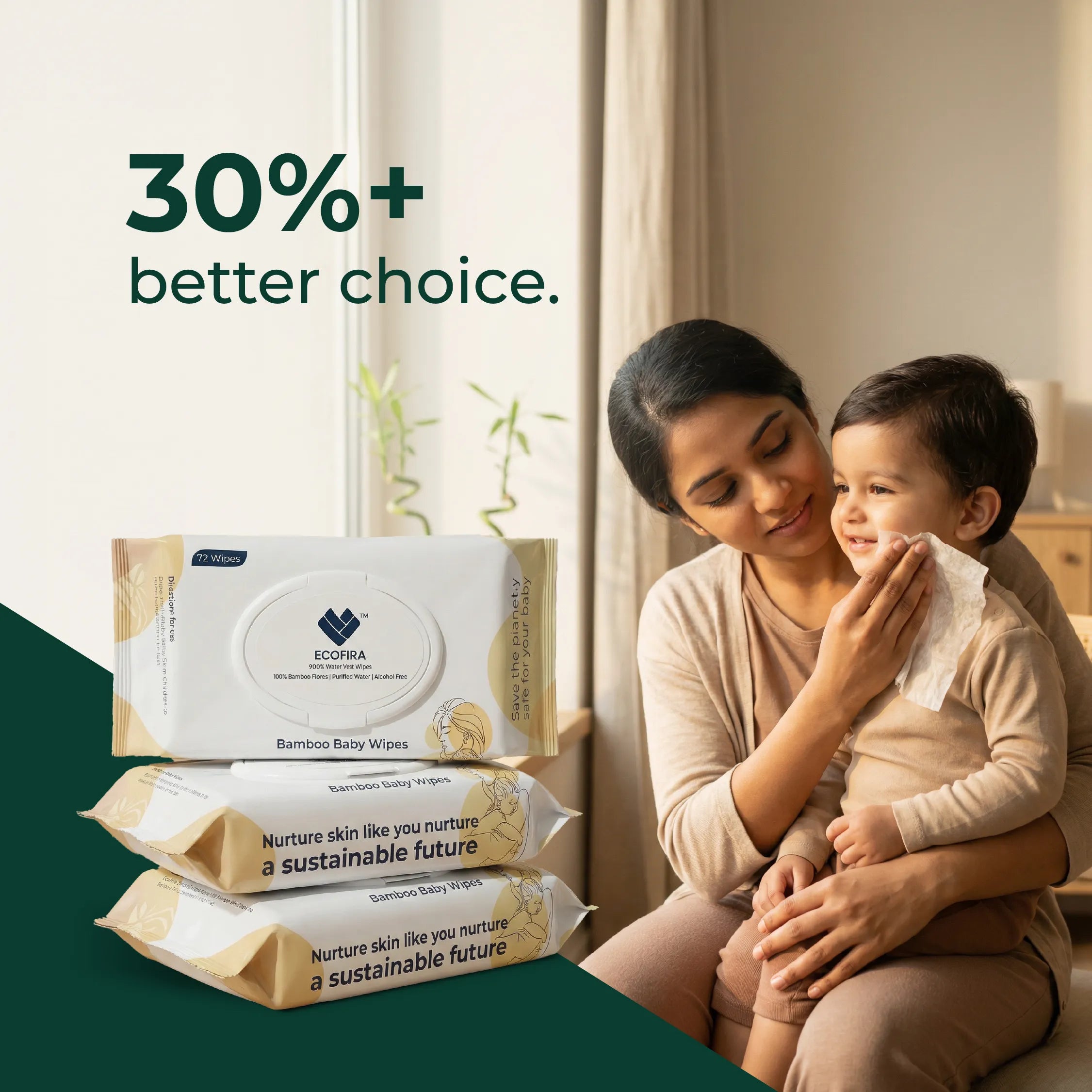 Woman holding a child with ecofira bamboo baby wipes packaging in the foreground.