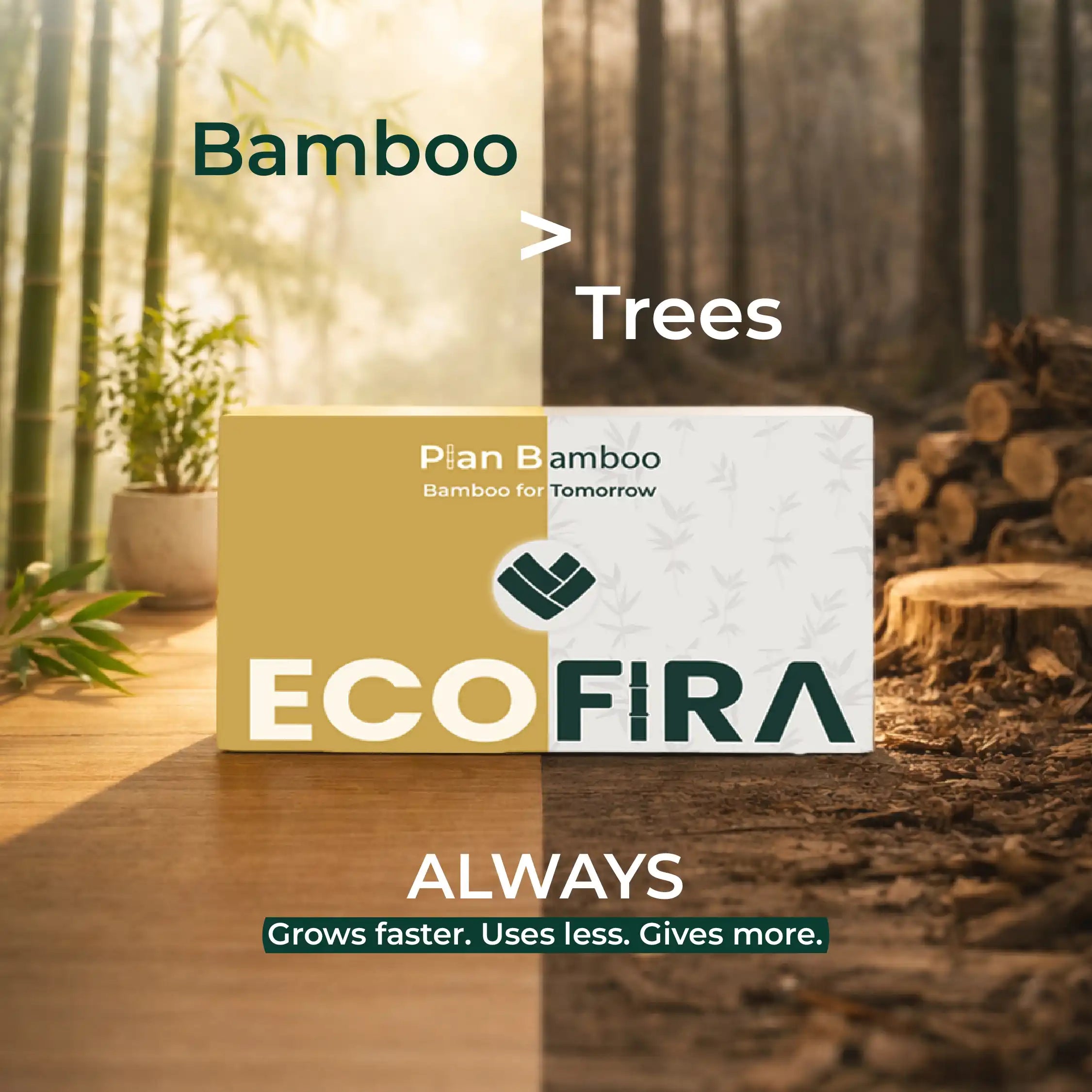 EcoFira packaging with bamboo and tree imagery, emphasizing sustainability.