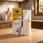 ECOFIRA reusable bamboo kitchen towels packaging on a wooden table in a kitchen setting