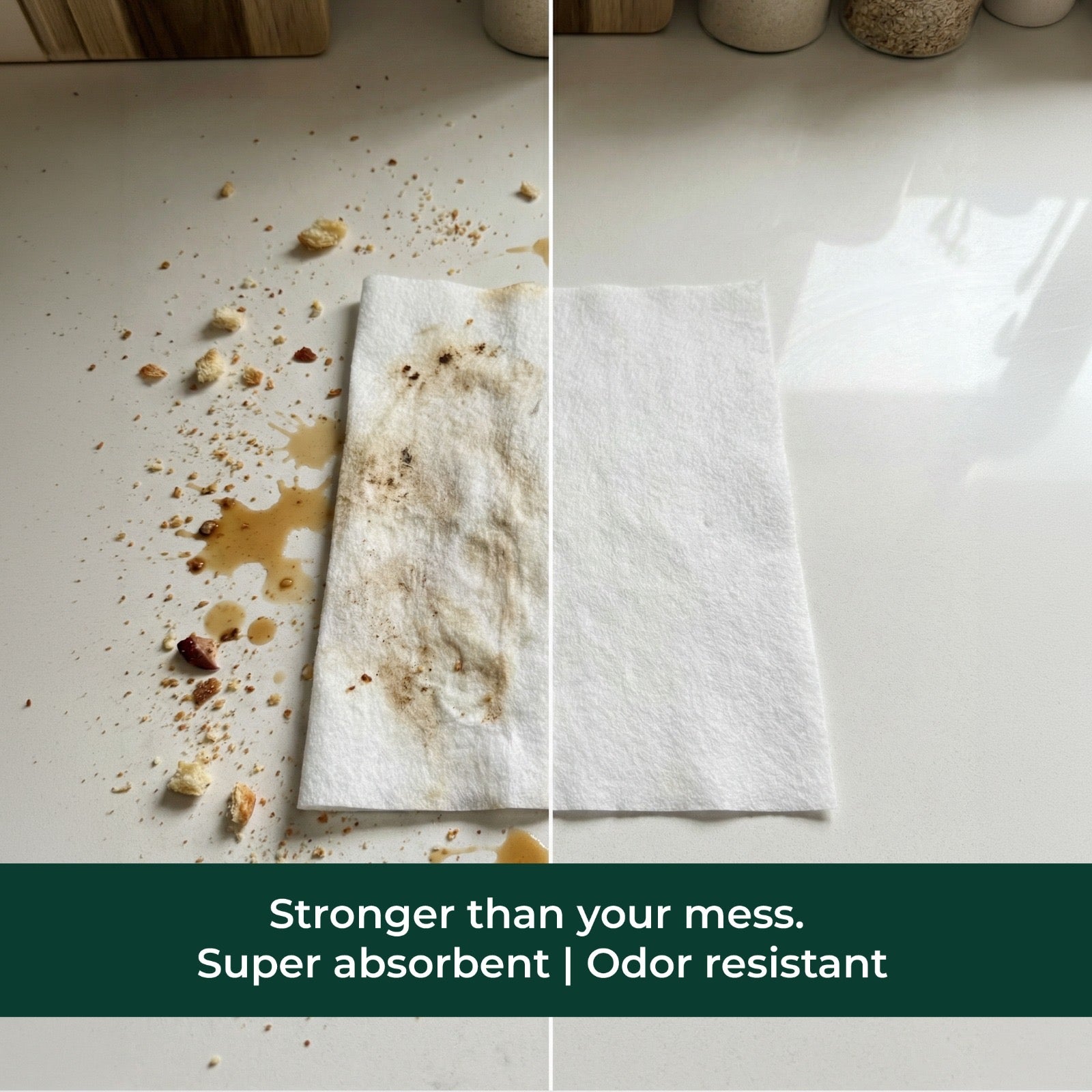 Comparison of a stained paper towel with a clean one, highlighting absorbent properties.
