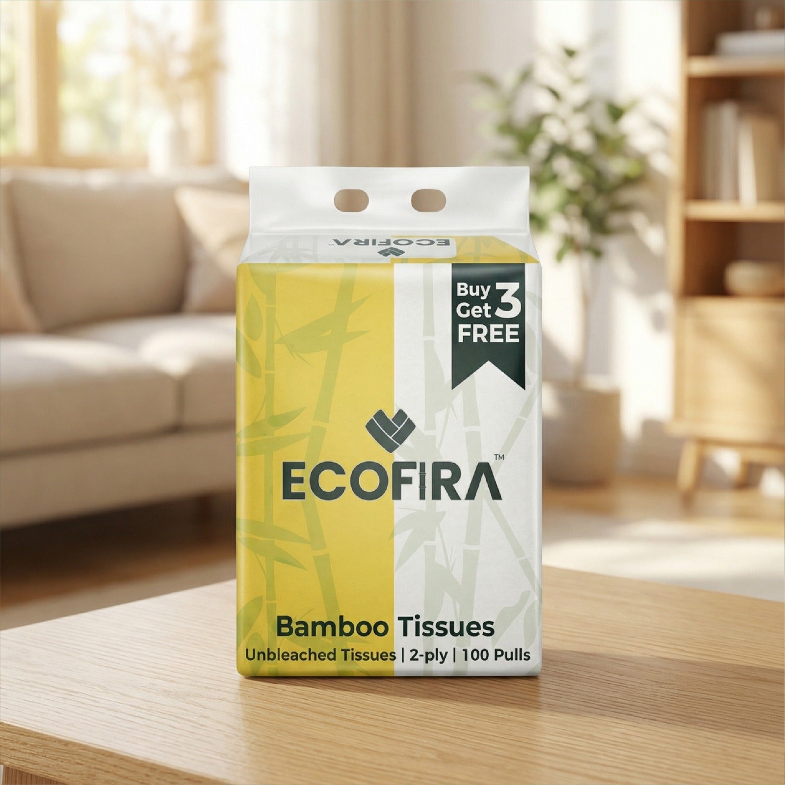 Packet of Ecofira bamboo tissues on a table with a living room background