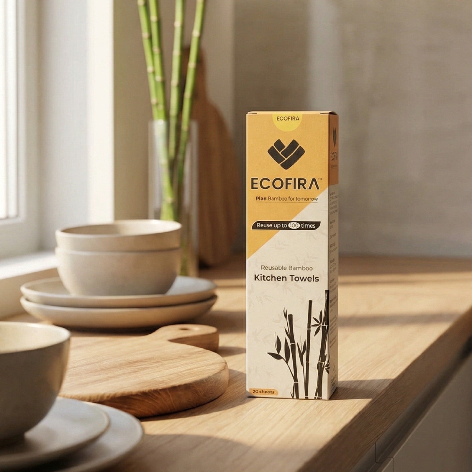 Box of Ecofira reusable bamboo kitchen towels on a wooden surface with a neutral background