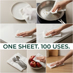 Collage of a cloth being used to clean various kitchen items with text 'ONE SHEET. 100 USES.'