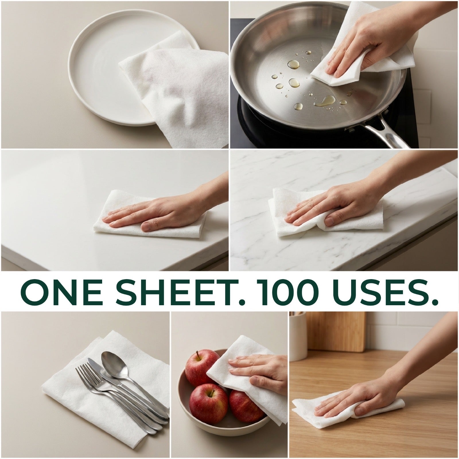 Collage of a cloth being used to clean various kitchen items with text 'ONE SHEET. 100 USES.'
